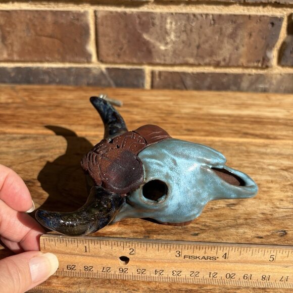 Glazed enamel pottery bull skull with mounting bolt Turquoise/Aqua Terracotta 5” - Picture 12 of 16
